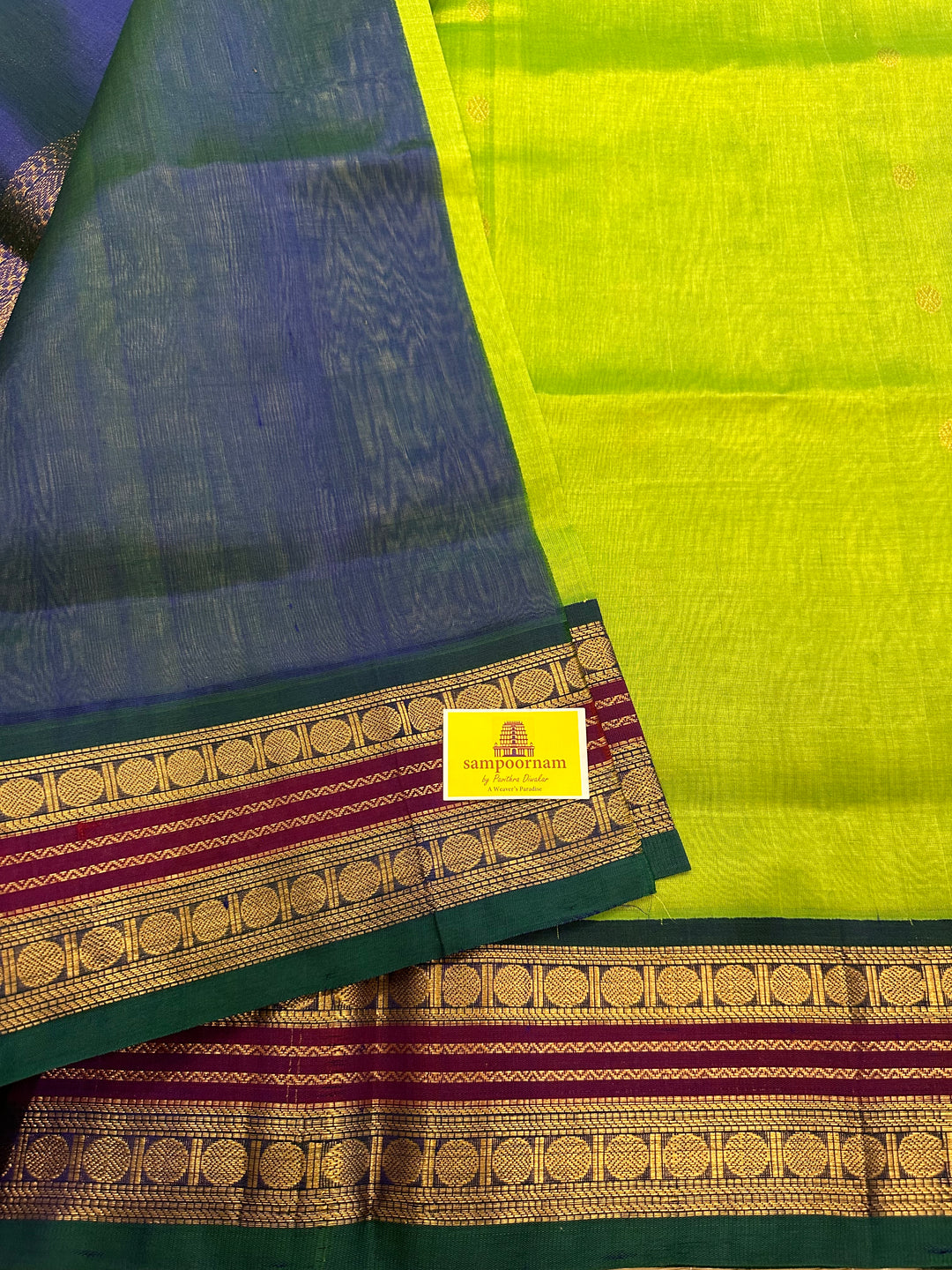 Green with Mayil Kazhuthu Blue, Rich Butta and Pallu Korvai Silk Cotton Saree