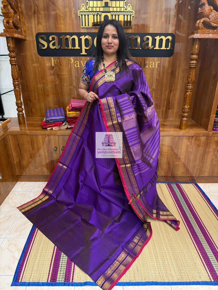 Indigo Violet , Red Selvedge ,  Vairaoosi Zari lines in the body , traditional borders and rich Pallu Silk Cotton Sarees