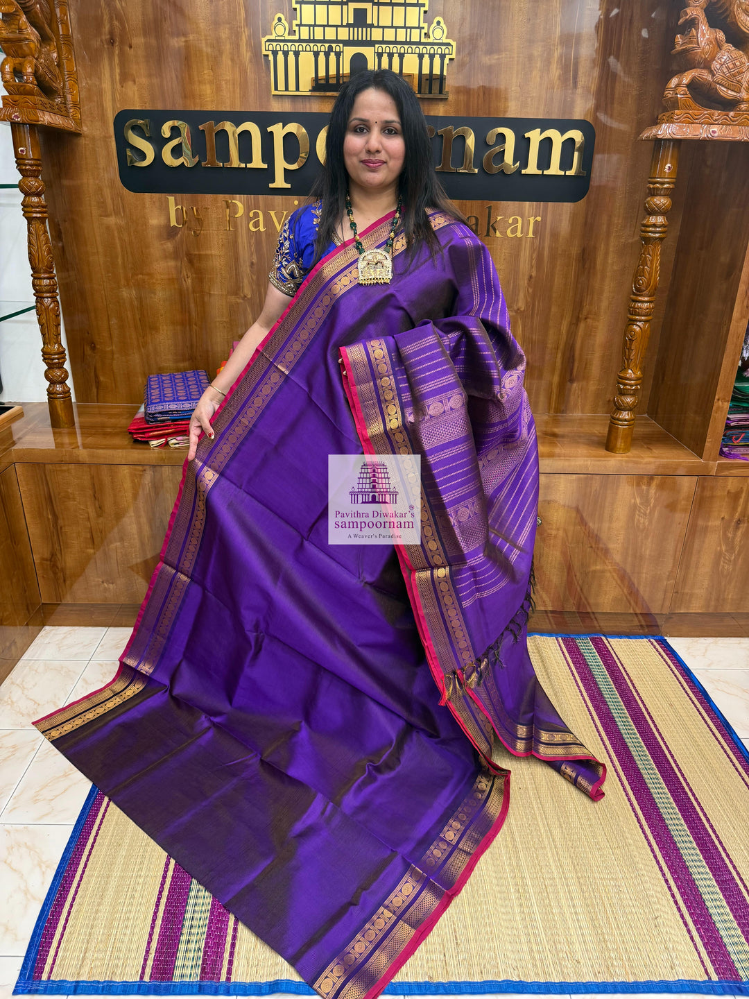 Indigo Violet , Red Selvedge ,  Vairaoosi Zari lines in the body , traditional borders and rich Pallu Silk Cotton Sarees