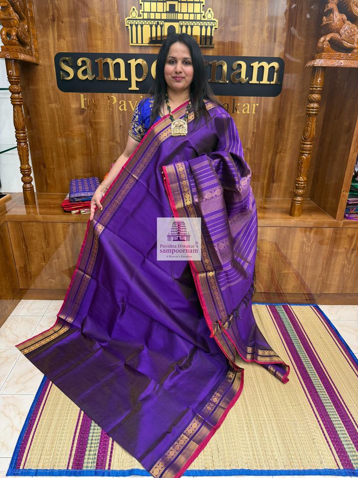 Indigo Violet , Red Selvedge ,  Vairaoosi Zari lines in the body , traditional borders and rich Pallu Silk Cotton Sarees