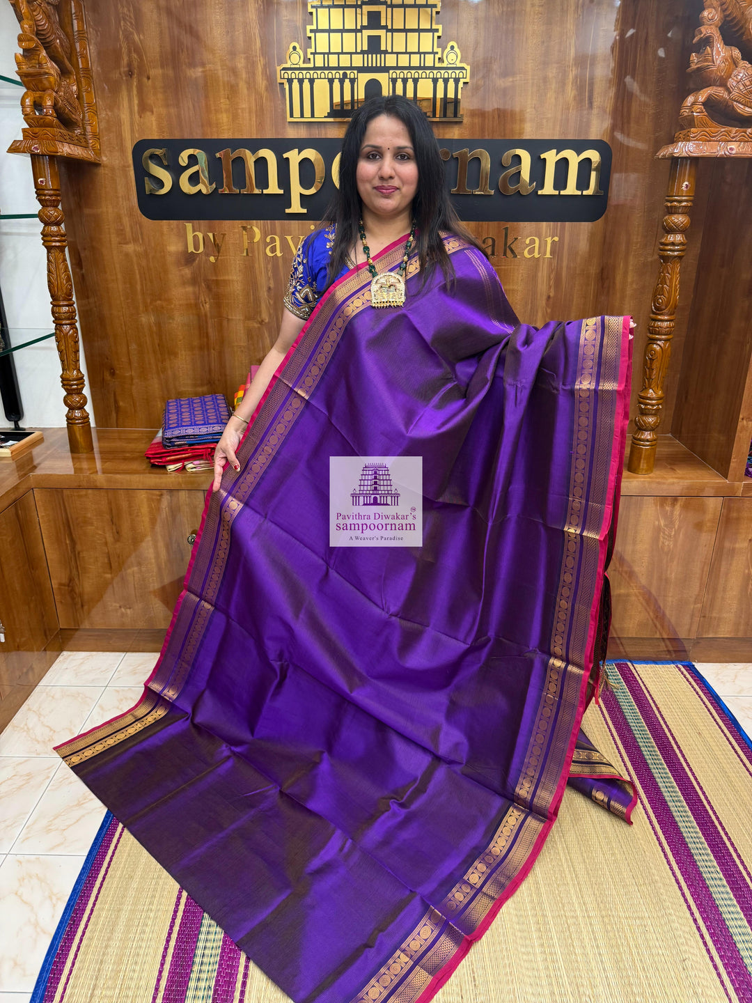 Indigo Violet , Red Selvedge ,  Vairaoosi Zari lines in the body , traditional borders and rich Pallu Silk Cotton Sarees