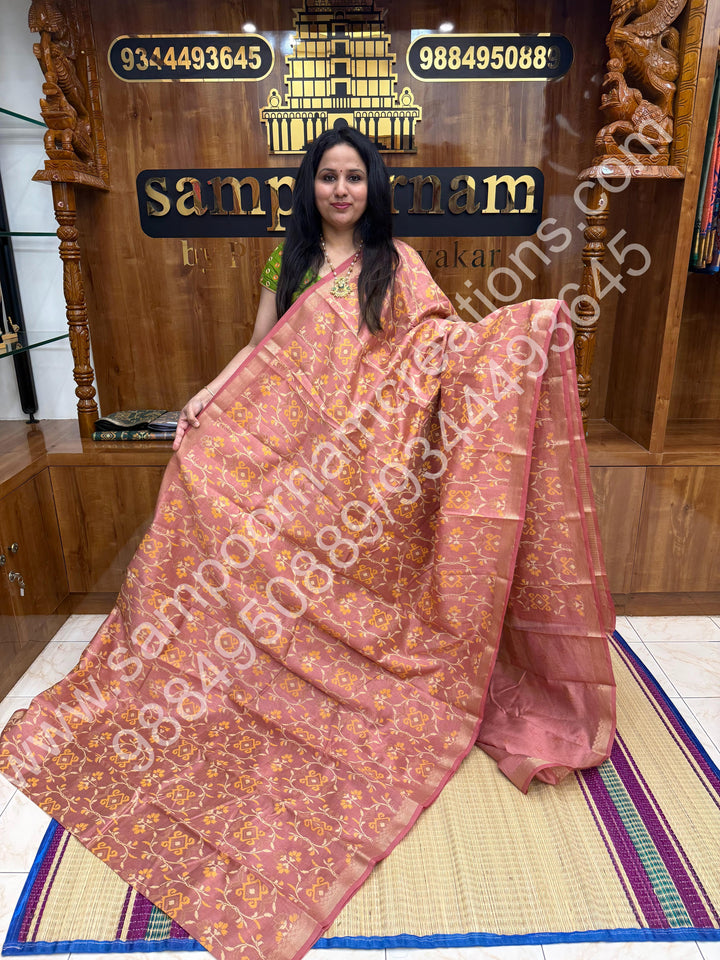 Light Mauve ,  Floral Prints in the body , tissue Pallu and Printed Blouse Semi Tussar Saree