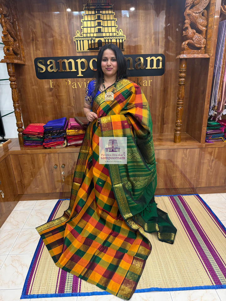 Red , Green and Manjal with Green , Paalum Pazham Checks with rich butta , traditional borders and rich Pallu Silk Cotton Saree