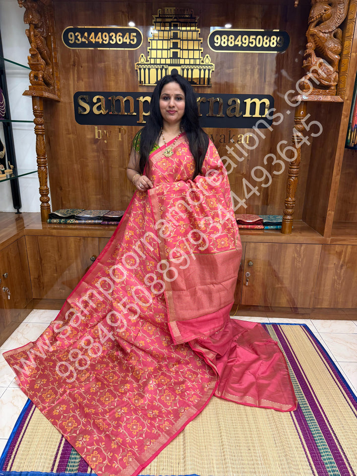 Baby Pink  , Floral Prints in the body , tissue Pallu and Printed Blouse Semi Tussar Saree