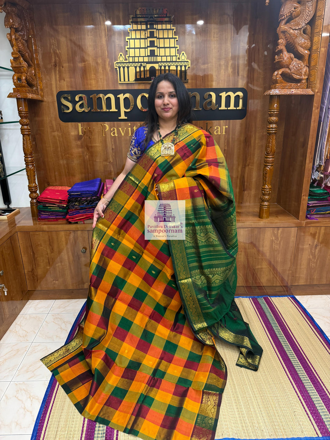 Red , Green and Manjal with Green , Paalum Pazham Checks with rich butta , traditional borders and rich Pallu Silk Cotton Saree