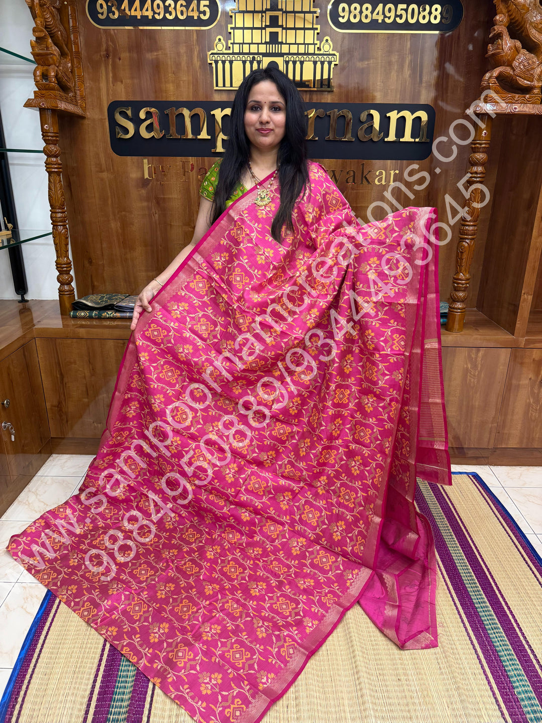 Rani Pink , Floral  Prints in the body , tissue Pallu and Printed Blouse Semi Tussar Saree