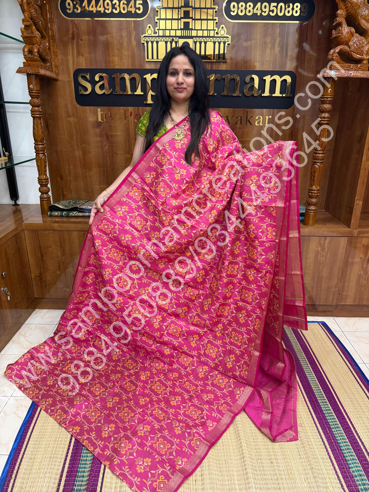 Rani Pink , Floral  Prints in the body , tissue Pallu and Printed Blouse Semi Tussar Saree