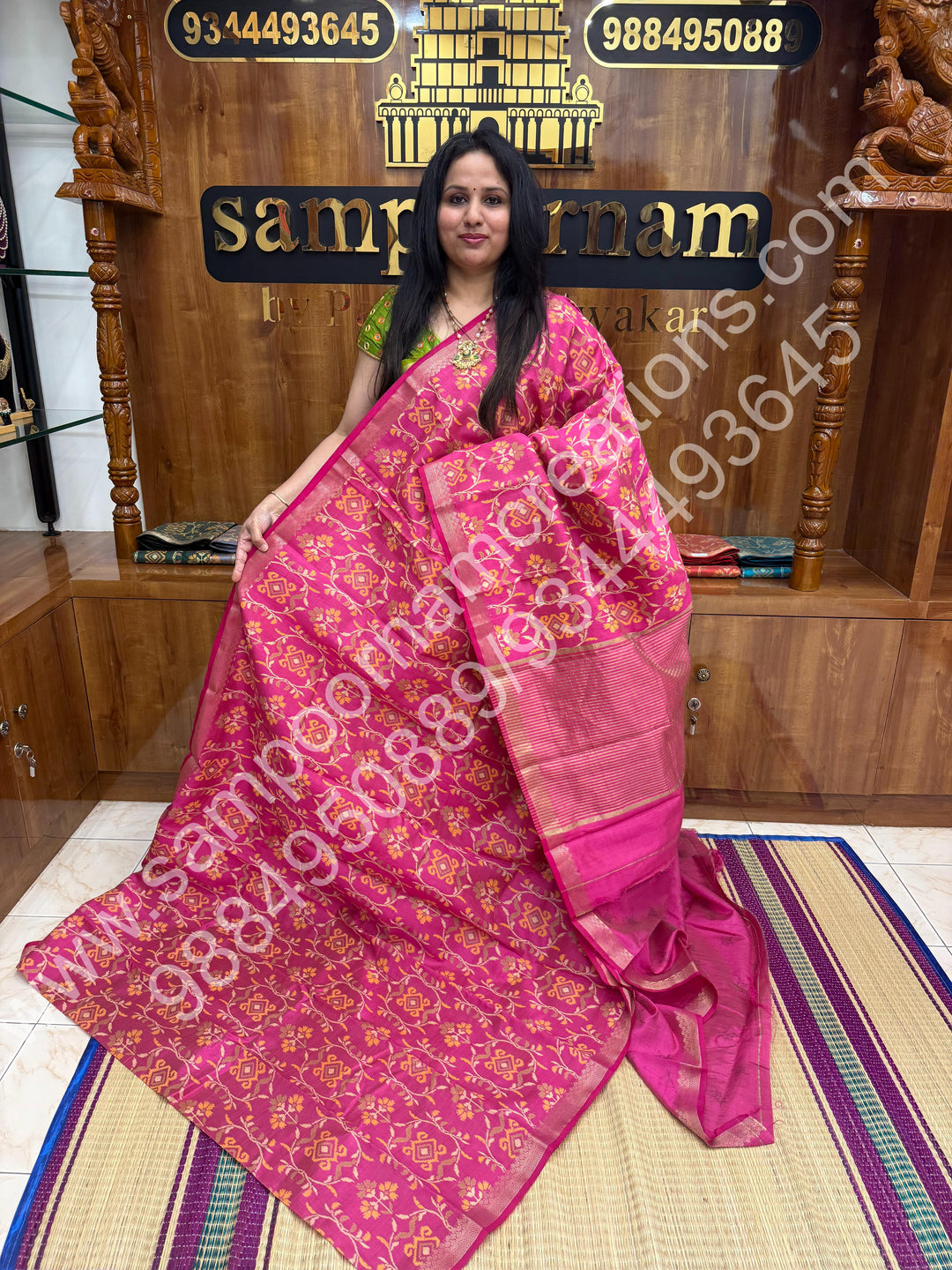 Rani Pink , Floral  Prints in the body , tissue Pallu and Printed Blouse Semi Tussar Saree