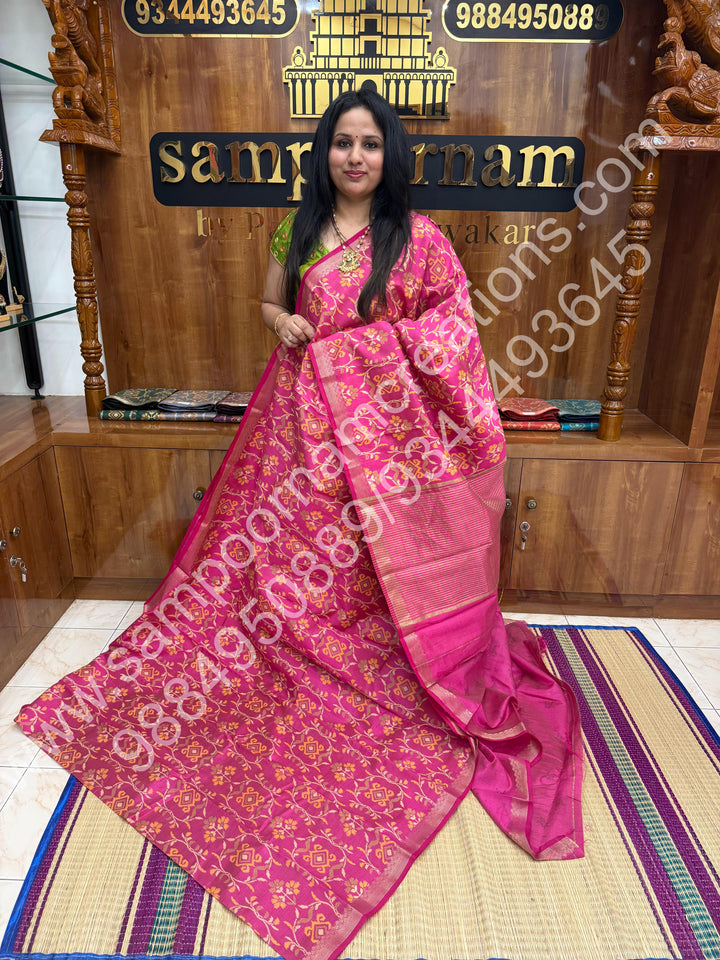 Rani Pink , Floral  Prints in the body , tissue Pallu and Printed Blouse Semi Tussar Saree