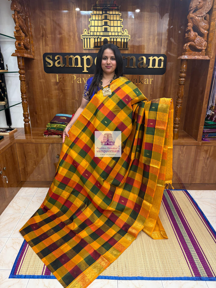 Red , Manjal and Green with Mustard , Paalum Pazham Checks with rich butta , traditional borders and rich Pallu Silk Cotton Saree
