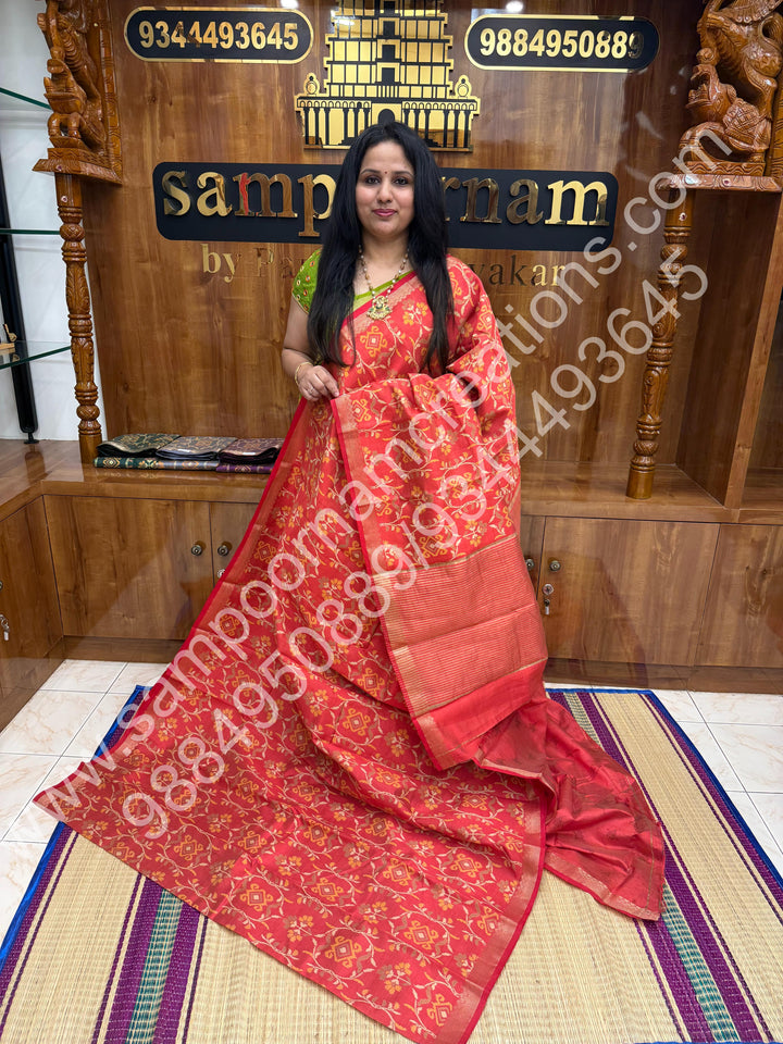 Peach Floral ,  Prints in the body , tissue Pallu and Printed Blouse Semi Tussar Saree