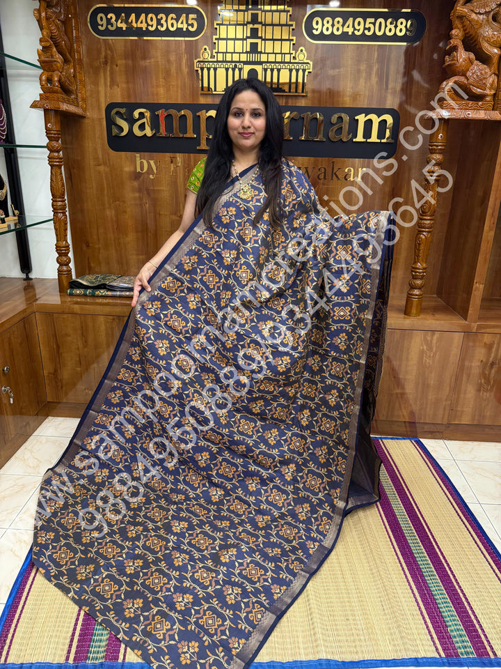 Dark Blue , Floral Prints in the body , tissue Pallu and Printed Blouse Semi Tussar Saree