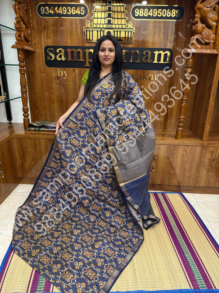 Dark Blue , Floral Prints in the body , tissue Pallu and Printed Blouse Semi Tussar Saree