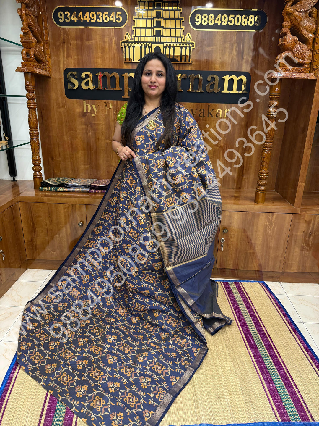 Dark Blue , Floral Prints in the body , tissue Pallu and Printed Blouse Semi Tussar Saree