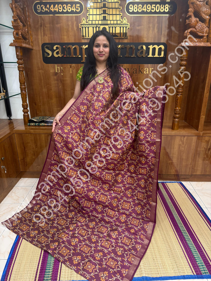 Maroon , Floral  Prints in the body , tissue Pallu and Printed Blouse Semi Tussar Saree