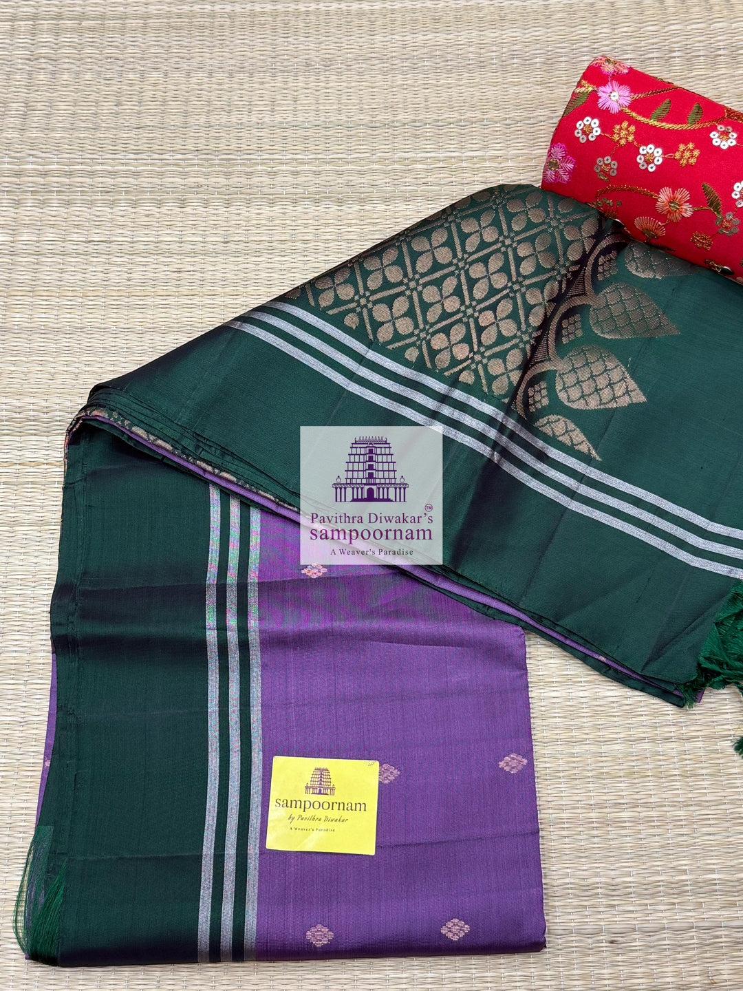 Mauve with Dark Green, rich Zari Butta in the body , Plain borders , rich Pallu Handloom Semi Soft Silk Saree