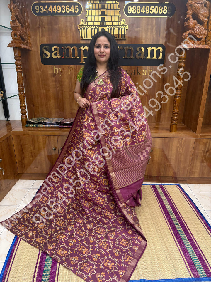 Maroon , Floral  Prints in the body , tissue Pallu and Printed Blouse Semi Tussar Saree