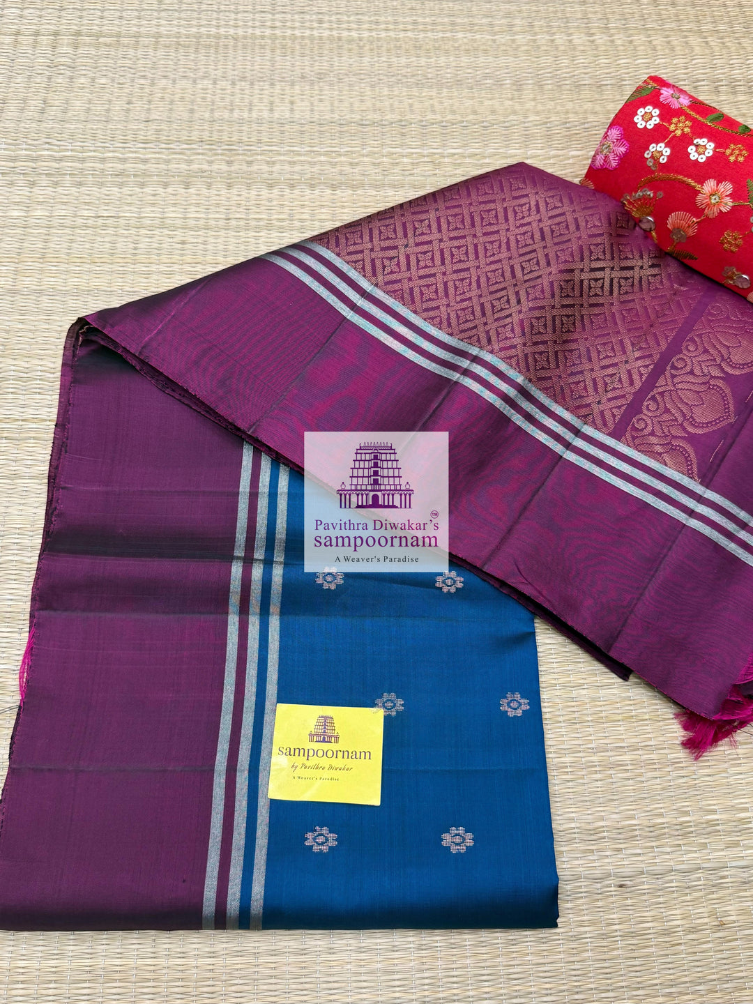 Classic Blue with Magenta , rich Zari Butta in the body , Plain borders , rich Pallu Handloom Semi Soft Silk Saree