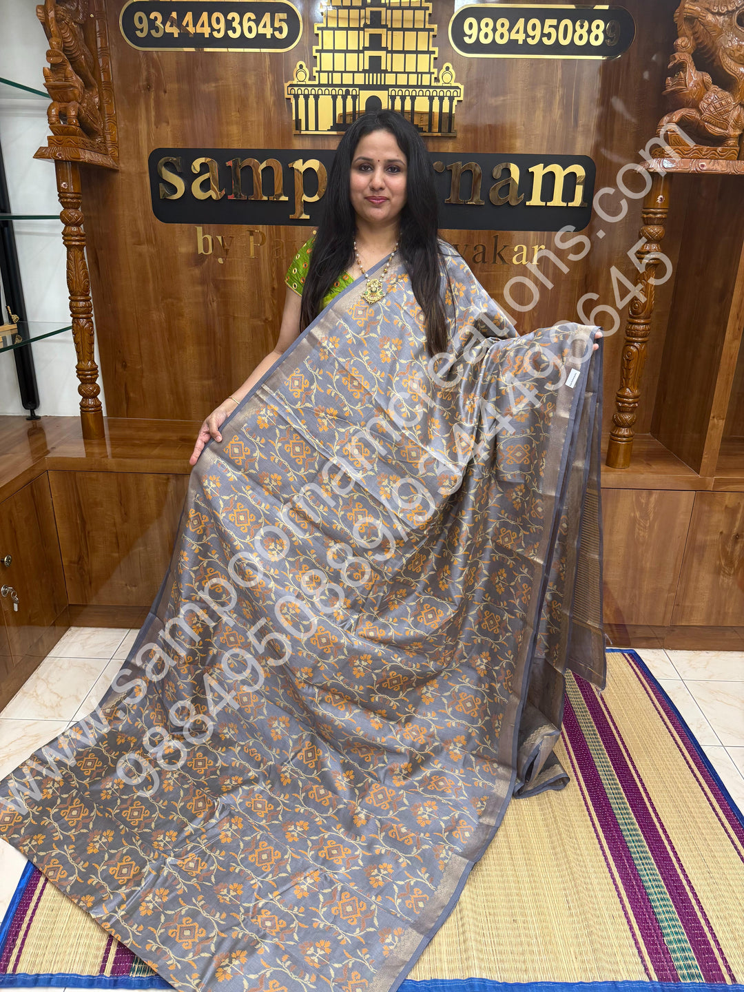 Grey , Floral Prints in the body , tissue Pallu and Printed Blouse Semi Tussar Saree
