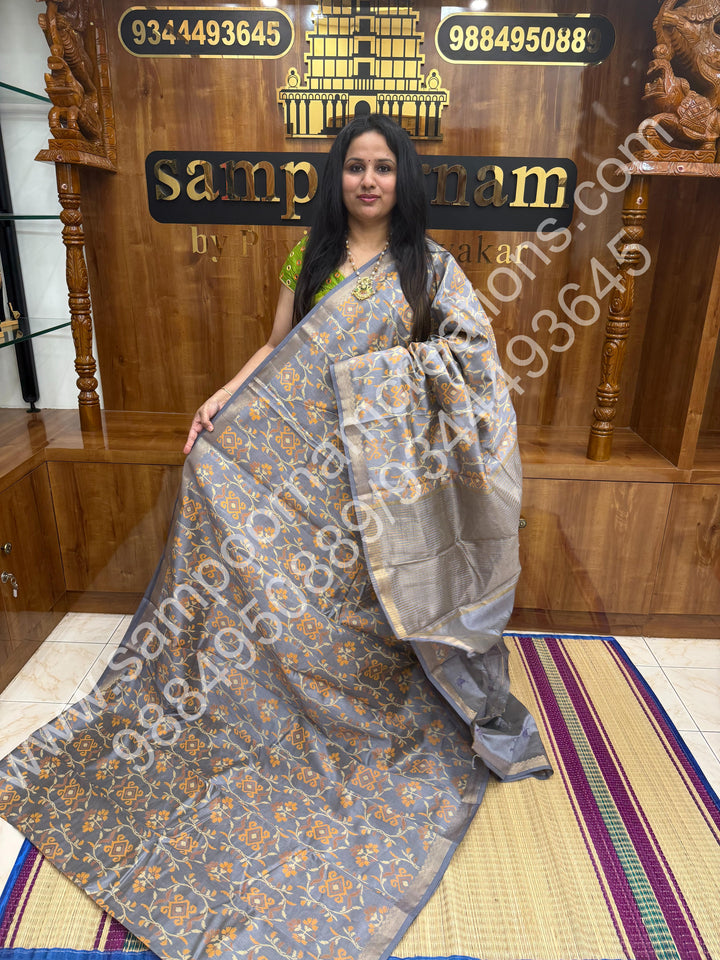 Grey , Floral Prints in the body , tissue Pallu and Printed Blouse Semi Tussar Saree