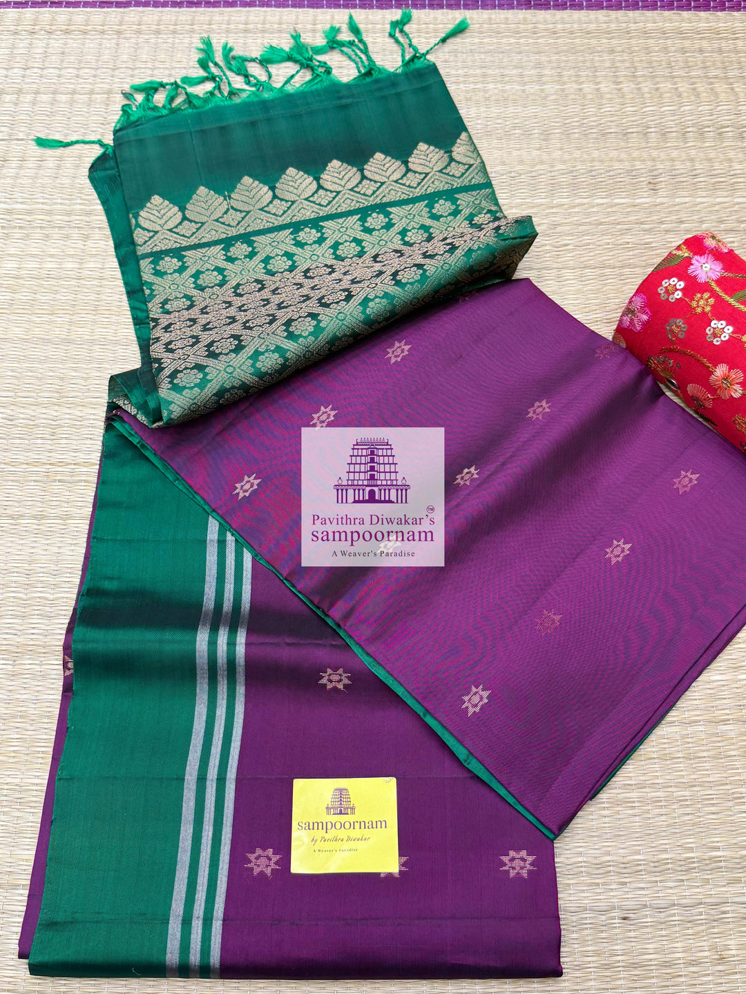 Wine with Green , rich Zari Butta in the body , Plain borders , rich Pallu Handloom Semi Soft Silk Saree