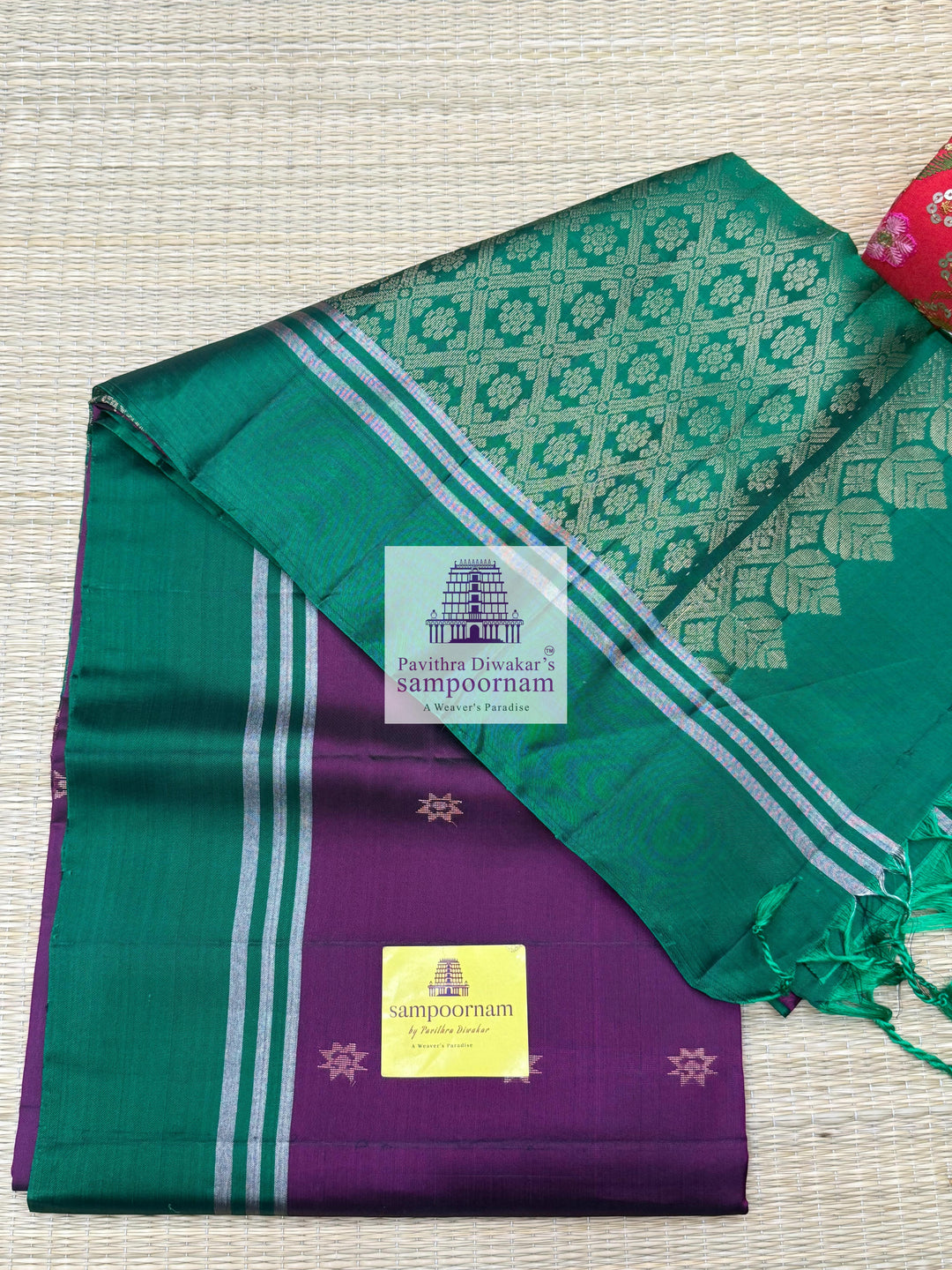 Wine with Green , rich Zari Butta in the body , Plain borders , rich Pallu Handloom Semi Soft Silk Saree