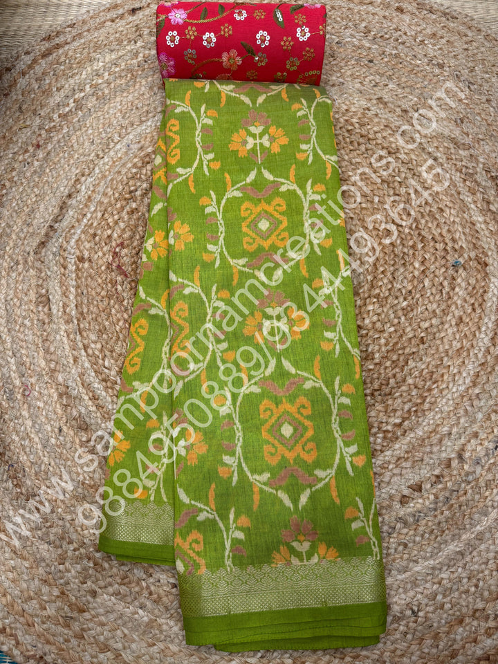 Light Green , Floral  Prints in the body , tissue Pallu and Printed Blouse Semi Tussar Saree