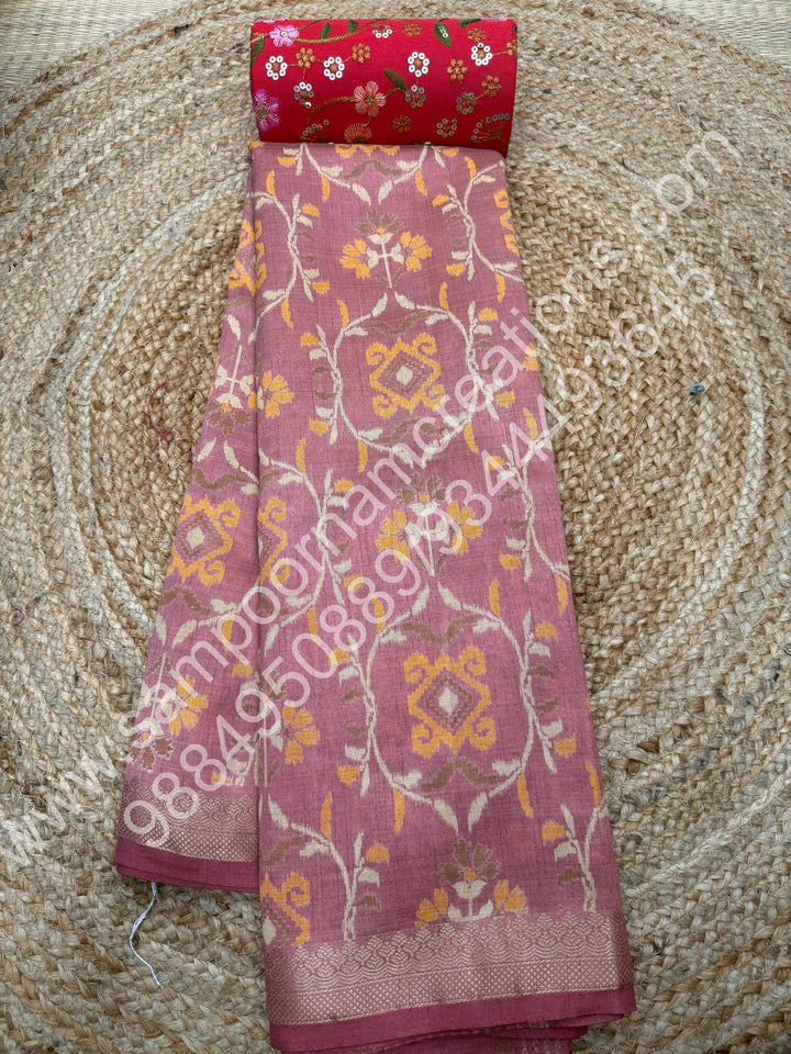 Light Mauve ,  Floral Prints in the body , tissue Pallu and Printed Blouse Semi Tussar Saree
