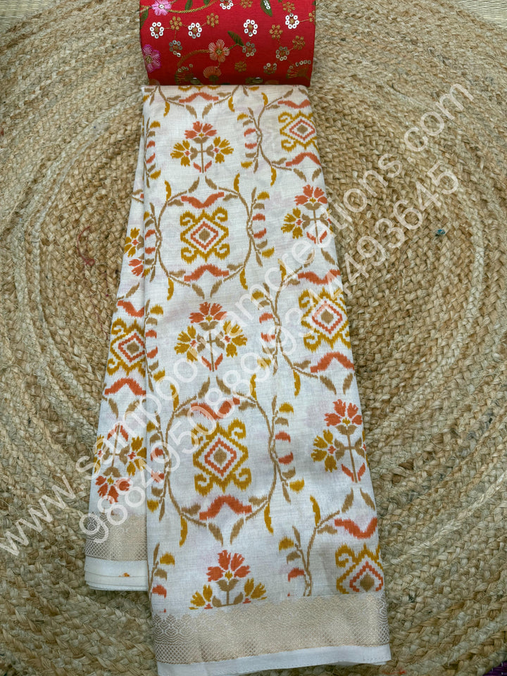 Offwhite , Floral Prints in the body , tissue Pallu and Printed Blouse Semi Tussar Saree