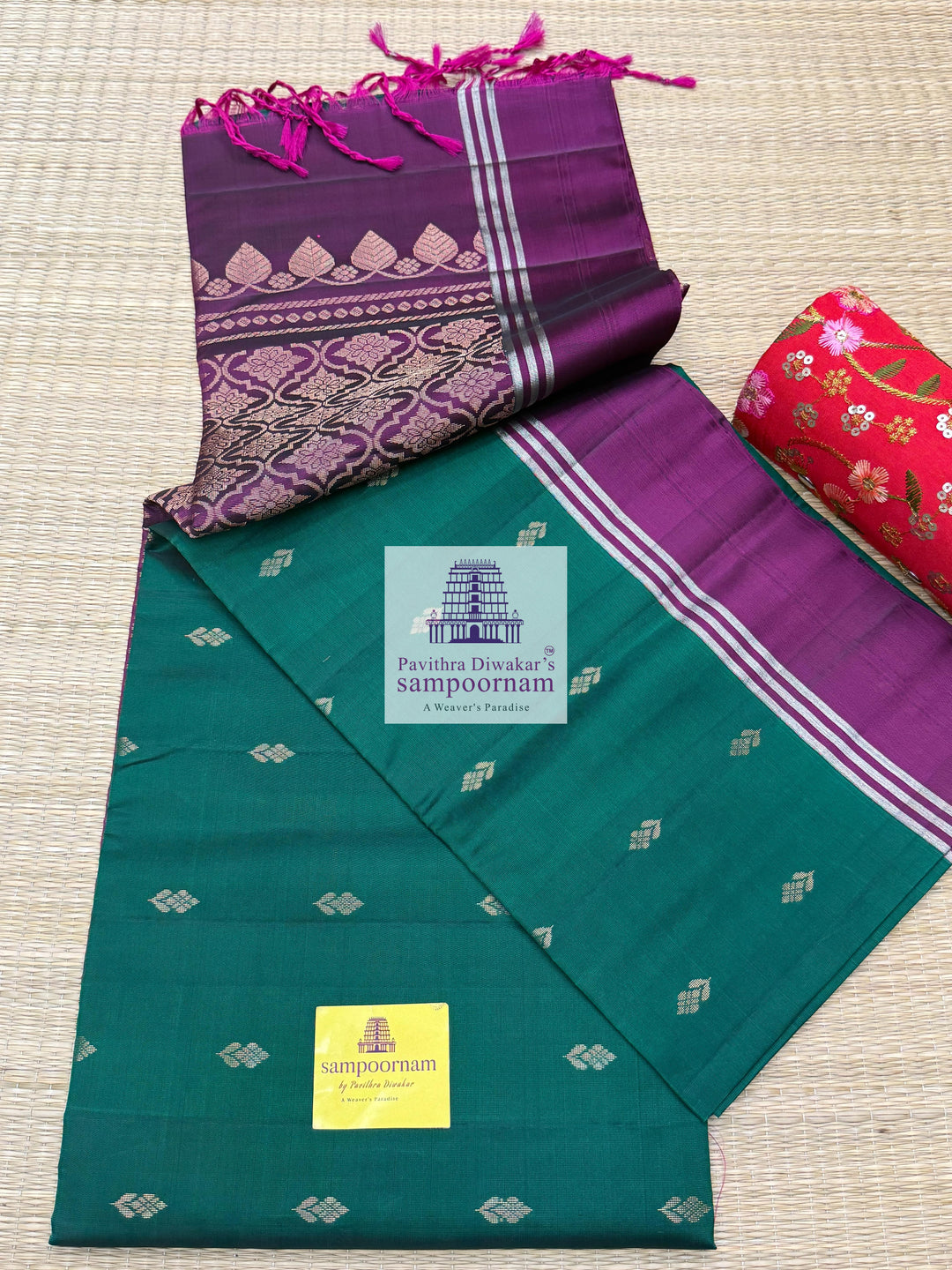 Forest Green with Magenta , rich Zari Butta in the body , Plain borders , rich Pallu Handloom Semi Soft Silk Saree
