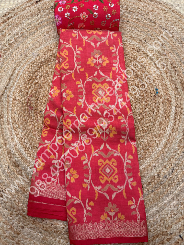 Peach Floral ,  Prints in the body , tissue Pallu and Printed Blouse Semi Tussar Saree