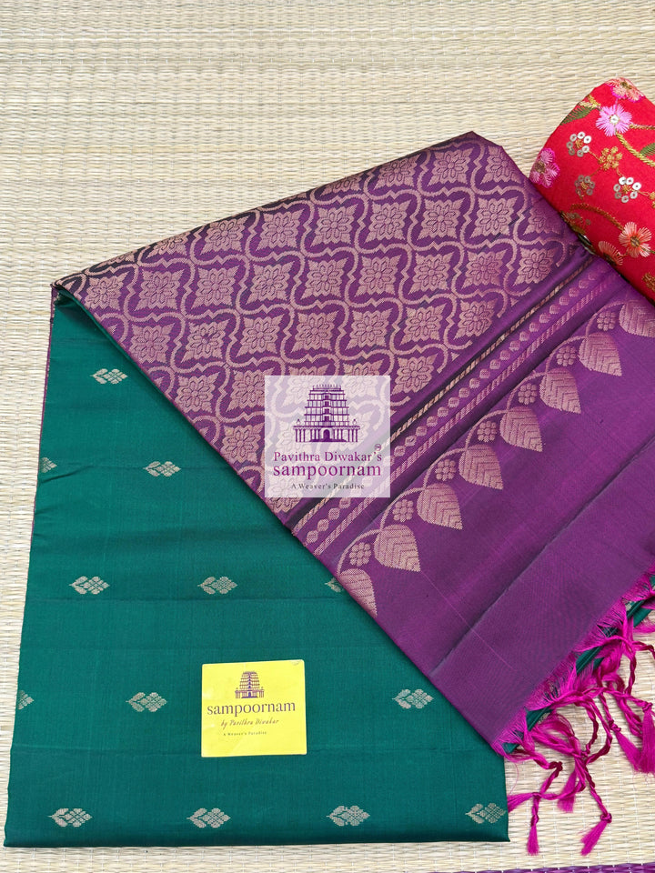 Forest Green with Magenta , rich Zari Butta in the body , Plain borders , rich Pallu Handloom Semi Soft Silk Saree