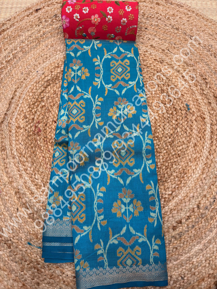 Light Blue , Floral  Prints in the body , tissue Pallu and Printed Blouse Semi Tussar Saree
