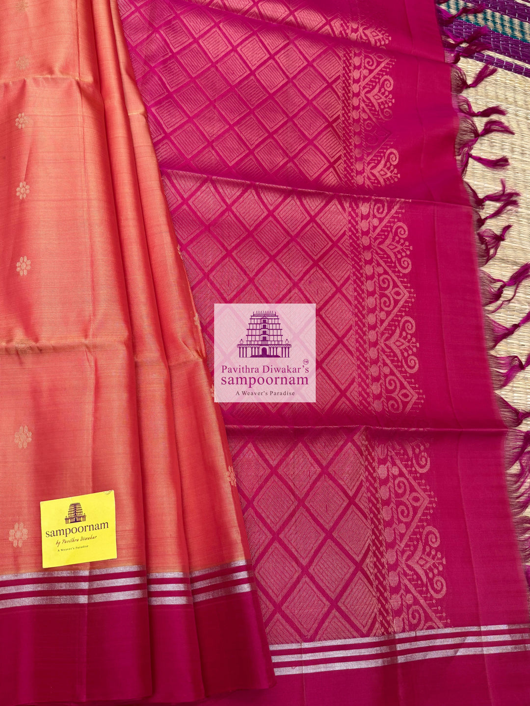 Rustic Orange with Reddish Pink , rich Zari Butta in the body , Plain borders , rich Pallu Handloom Semi Soft Silk Saree
