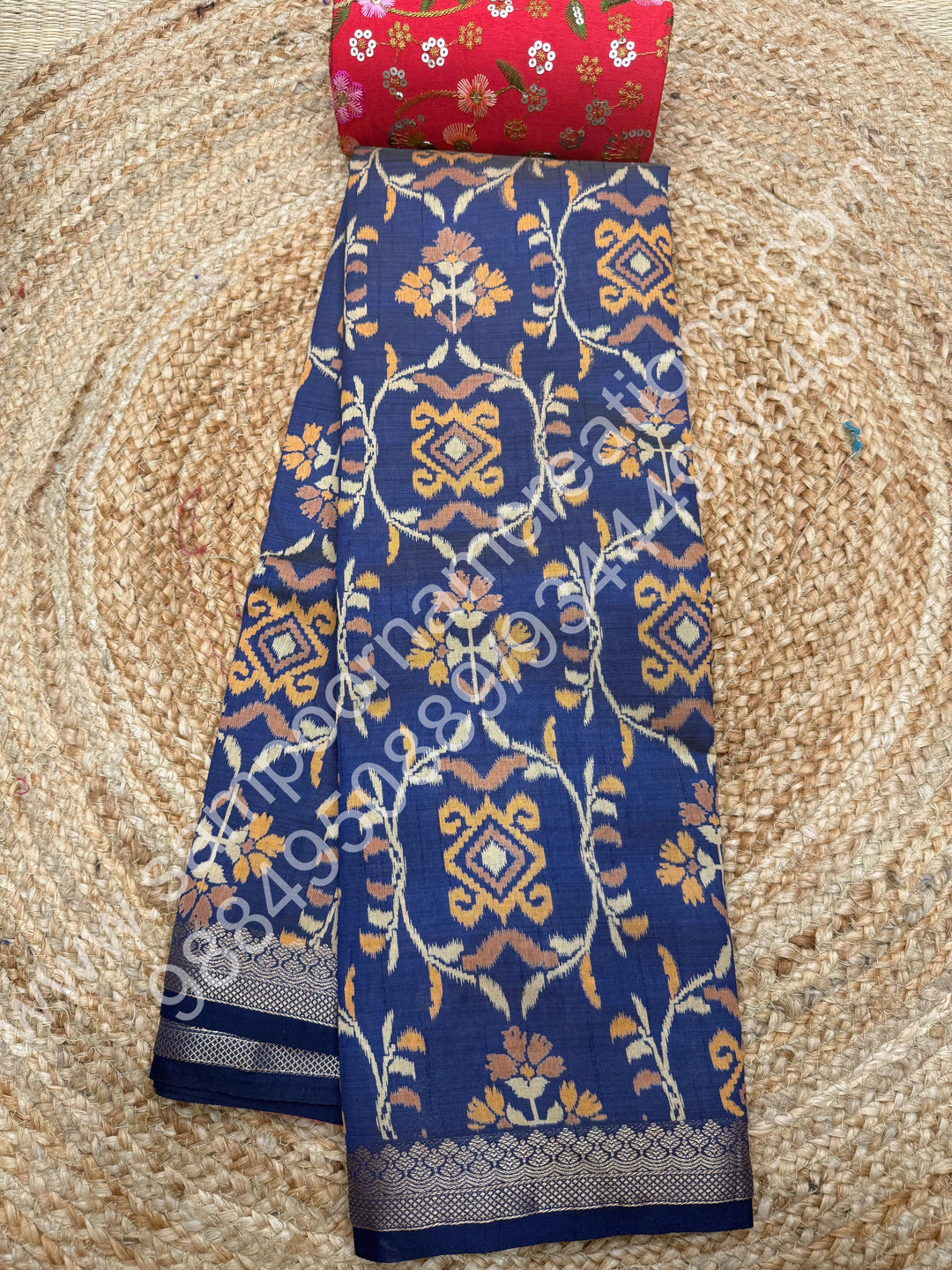 Dark Blue , Floral Prints in the body , tissue Pallu and Printed Blouse Semi Tussar Saree