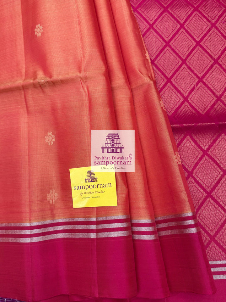 Rustic Orange with Reddish Pink , rich Zari Butta in the body , Plain borders , rich Pallu Handloom Semi Soft Silk Saree