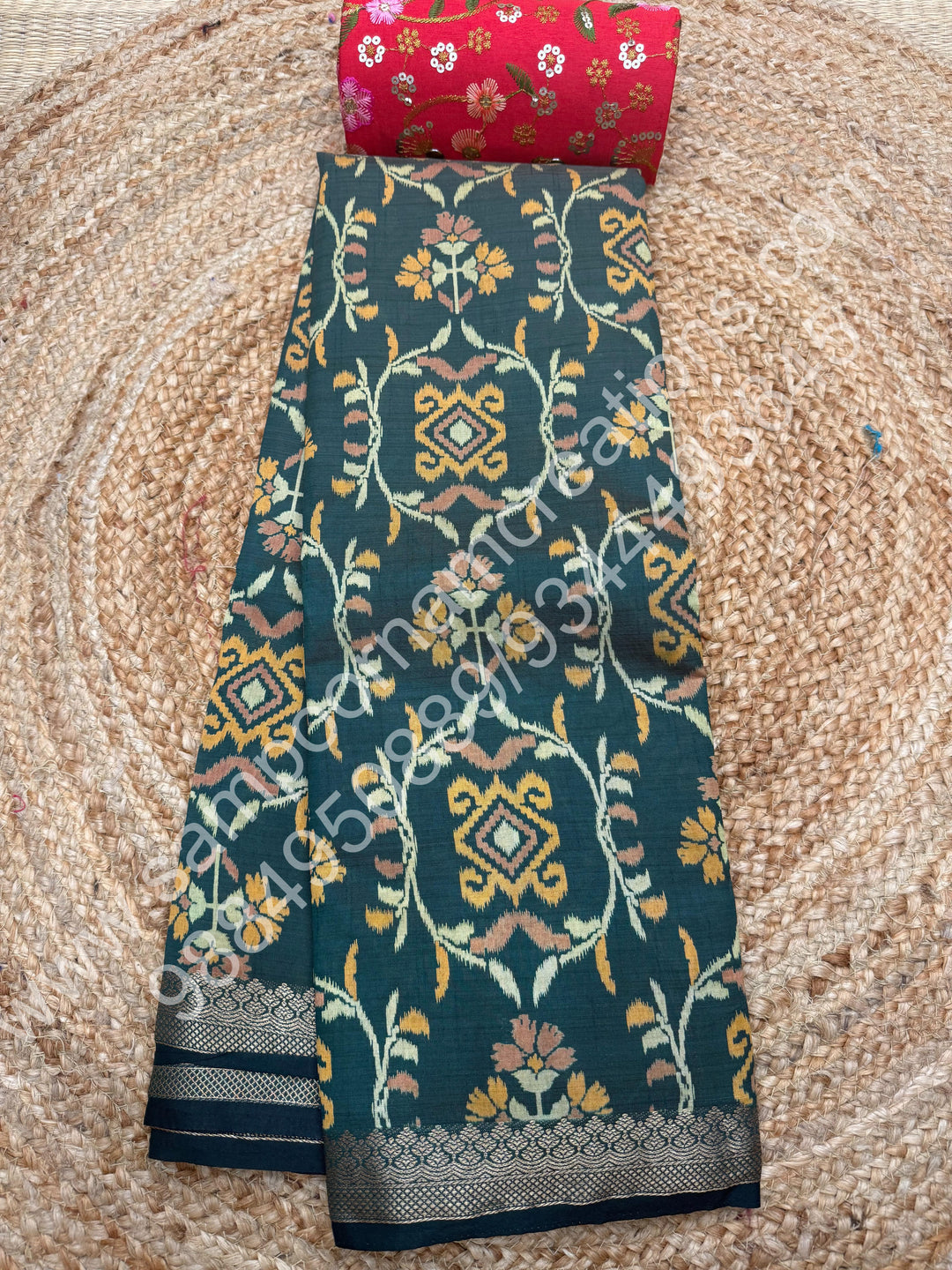 Green , Floral Prints in the body , tissue Pallu and Printed Blouse Semi Tussar Saree