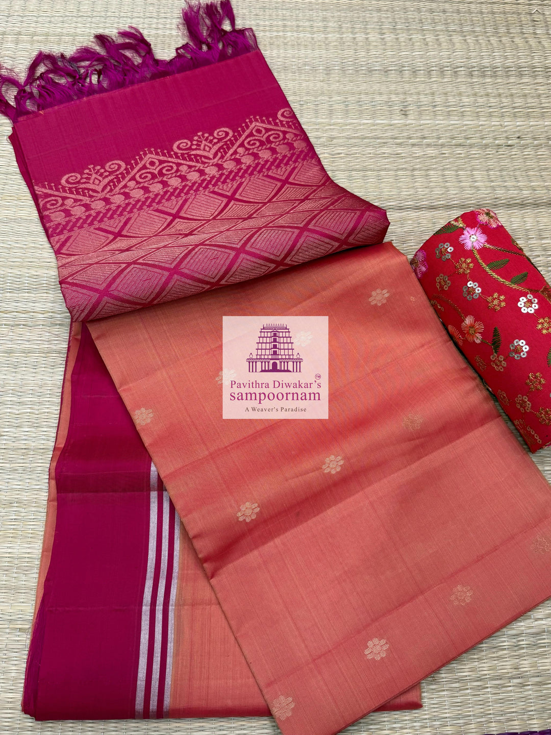 Rustic Orange with Reddish Pink , rich Zari Butta in the body , Plain borders , rich Pallu Handloom Semi Soft Silk Saree