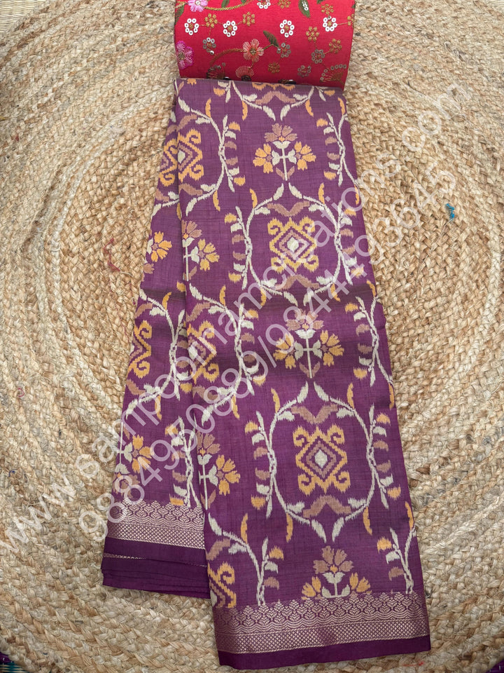 Maroon , Floral  Prints in the body , tissue Pallu and Printed Blouse Semi Tussar Saree