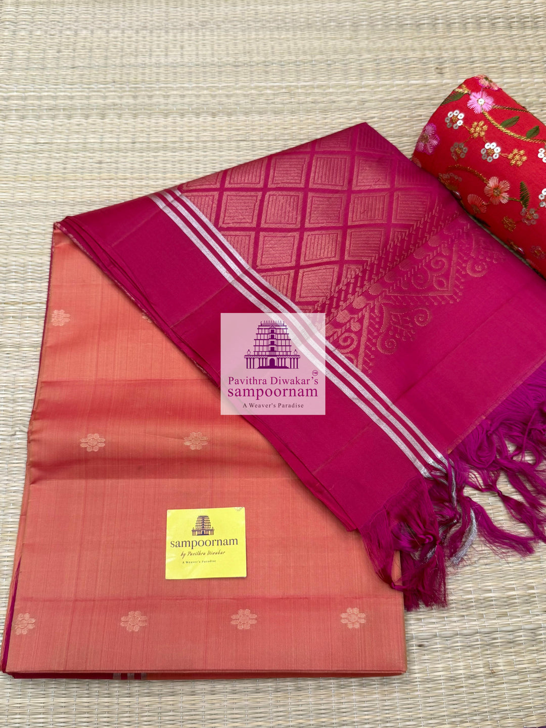 Rustic Orange with Reddish Pink , rich Zari Butta in the body , Plain borders , rich Pallu Handloom Semi Soft Silk Saree