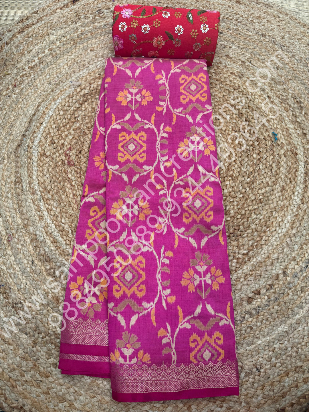 Rani Pink , Floral  Prints in the body , tissue Pallu and Printed Blouse Semi Tussar Saree