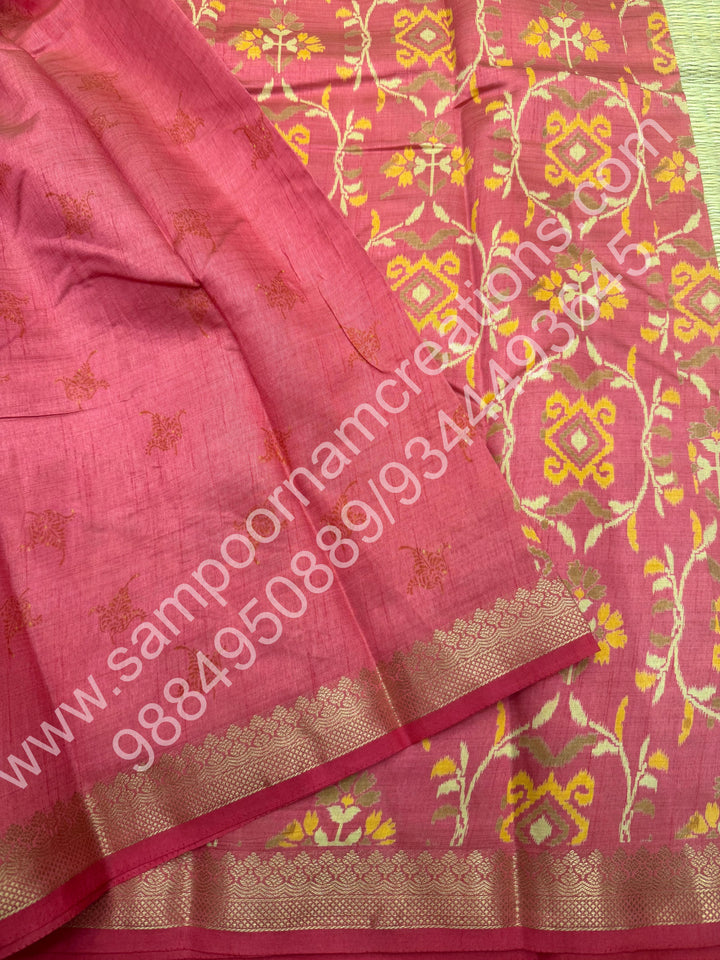 Baby Pink  , Floral Prints in the body , tissue Pallu and Printed Blouse Semi Tussar Saree
