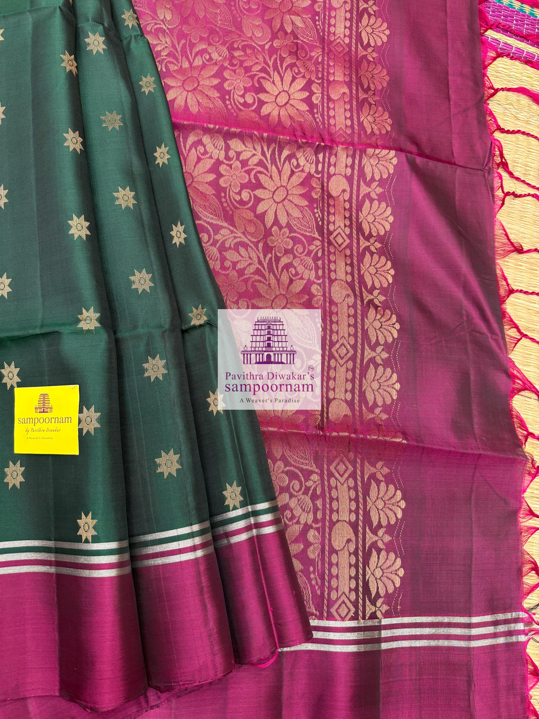 Dark Green with Magenta , rich Zari Butta in the body , Plain borders , rich Pallu Handloom Semi Soft Silk Saree