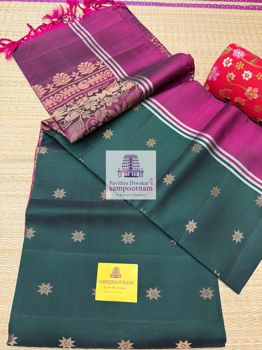 Dark Green with Magenta , rich Zari Butta in the body , Plain borders , rich Pallu Handloom Semi Soft Silk Saree