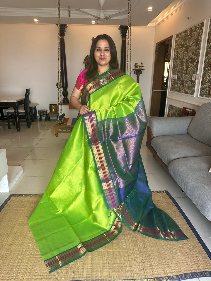 Green with Mayil Kazhuthu Blue, Rich Butta and Pallu Korvai Silk Cotton Saree