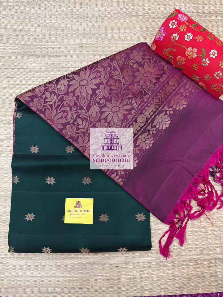 Dark Green with Magenta , rich Zari Butta in the body , Plain borders , rich Pallu Handloom Semi Soft Silk Saree