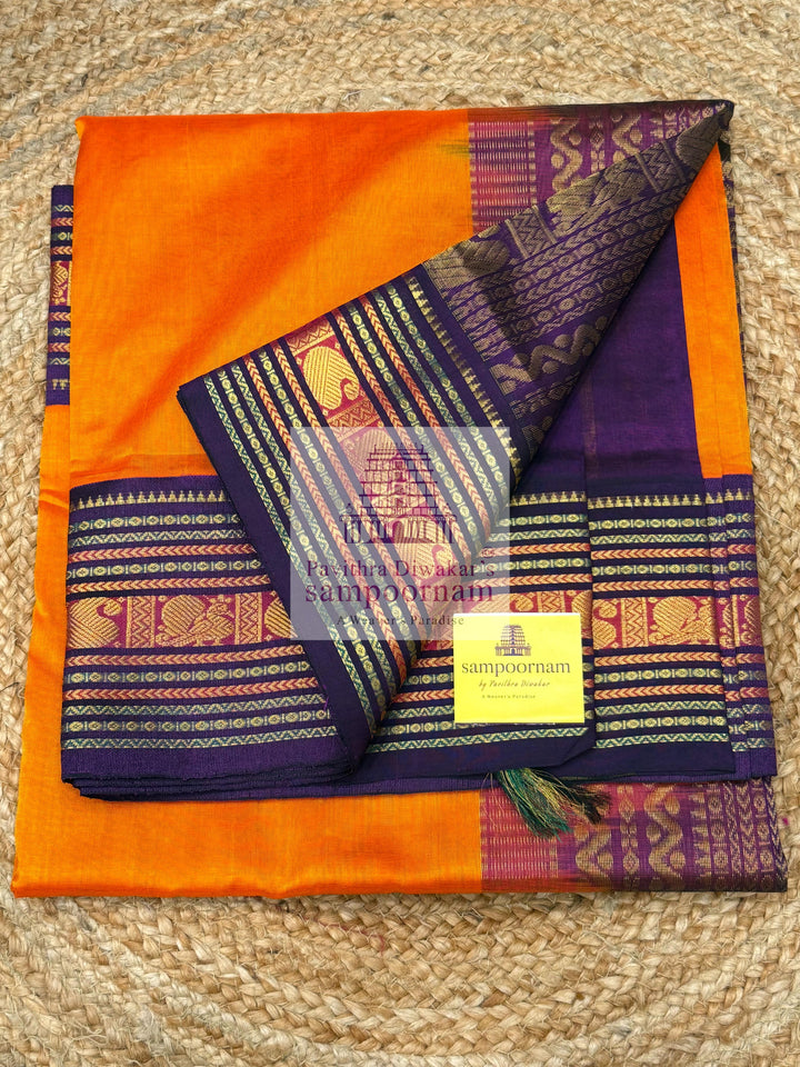 Fanta Orange with Purple , traditional Annam and Mango big border with rich Pallu Korvai Silk Cotton Saree