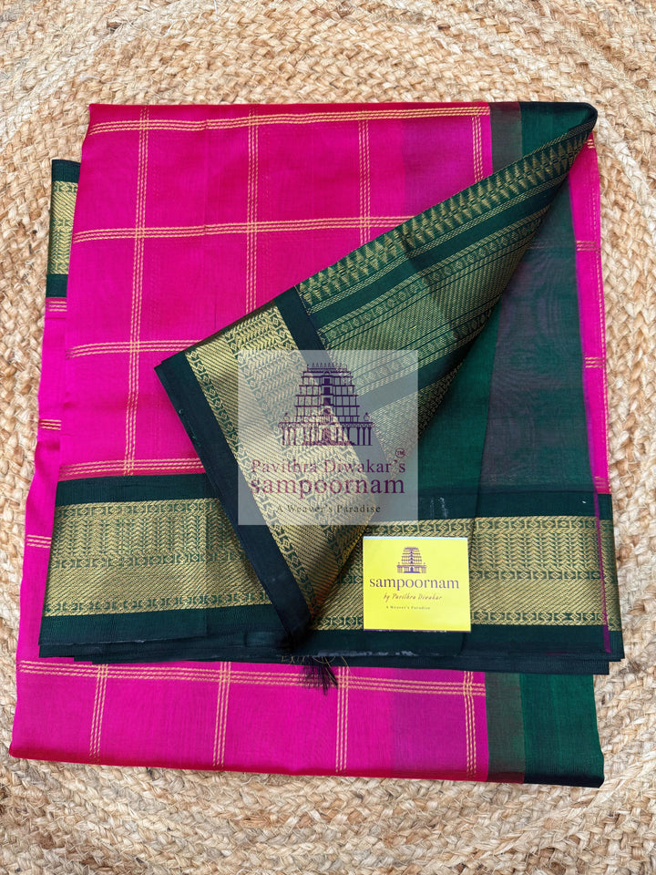 Rani Pink with Green , Zari checks in the body , traditional border and rich Pallu Korvai Silk Cotton Saree