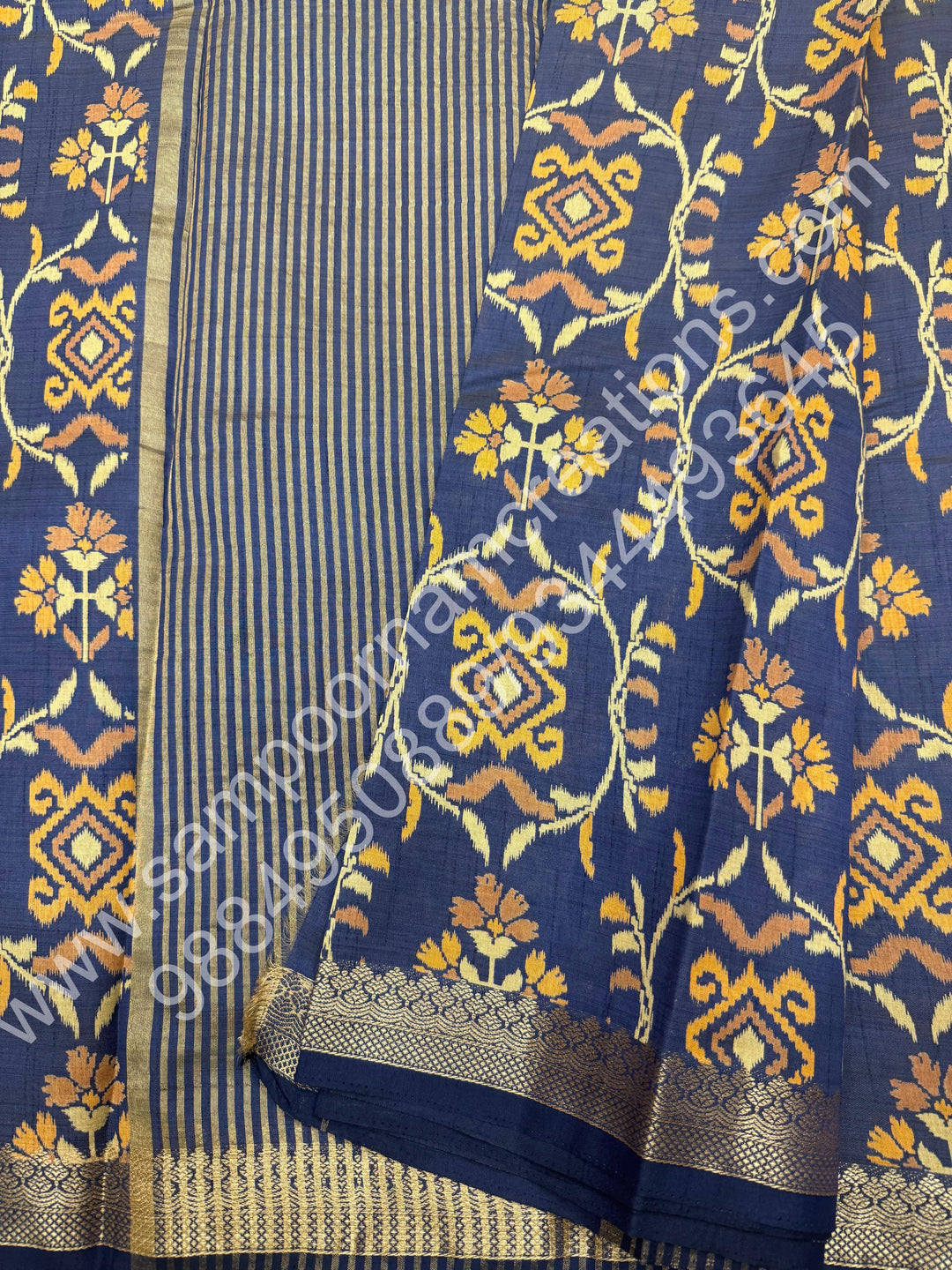 Dark Blue , Floral Prints in the body , tissue Pallu and Printed Blouse Semi Tussar Saree