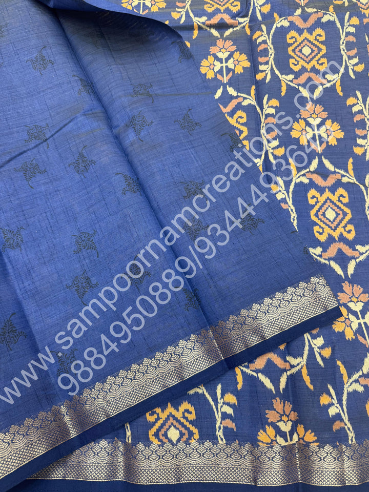 Dark Blue , Floral Prints in the body , tissue Pallu and Printed Blouse Semi Tussar Saree